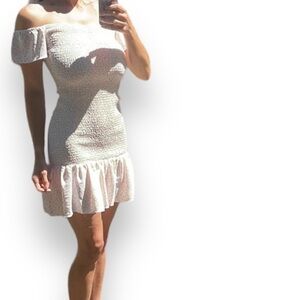 New Smocked pink & white dress off-shoulder L bodycon coquette doll mini